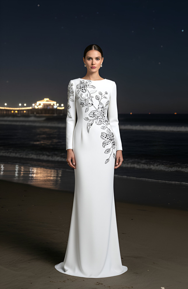 Long Sleeve Embellished Floral Detail Maxi Dress White