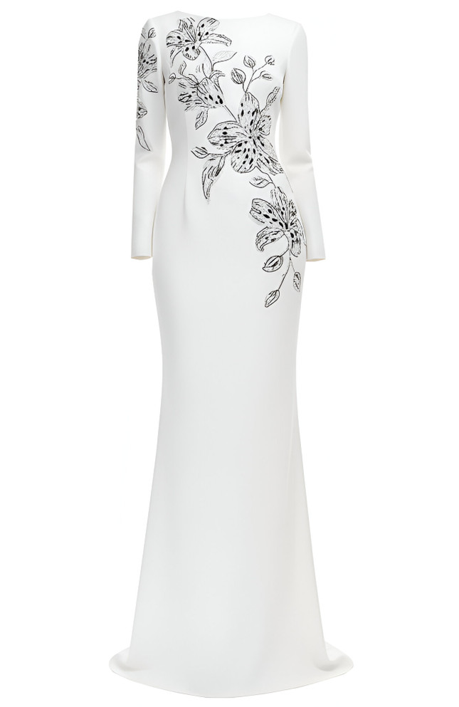 Long Sleeve Embellished Floral Detail Maxi Dress White