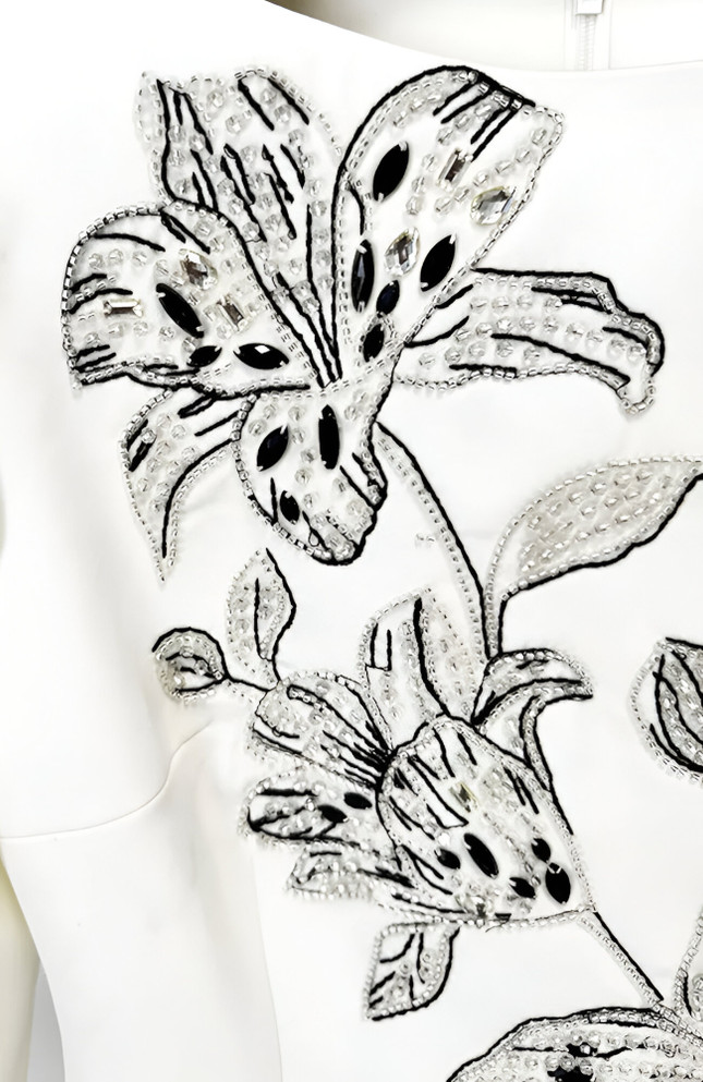 Long Sleeve Embellished Floral Detail Maxi Dress White