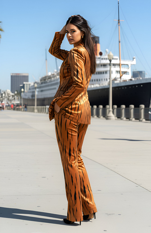 Long Sleeve Animal Print Suit Light Brown