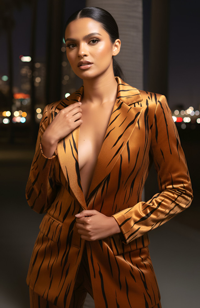 Long Sleeve Animal Print Suit Light Brown