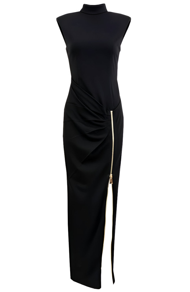 Draped Zipper Detail Maxi Dress Black