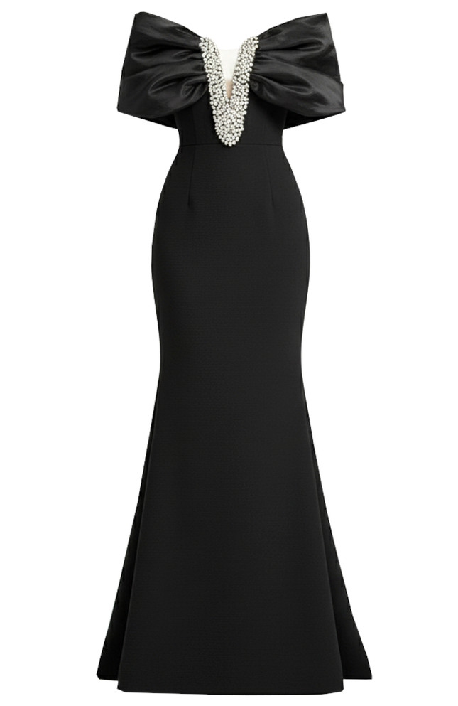 Draped Bardot Crystal Embellished Maxi Dress Black