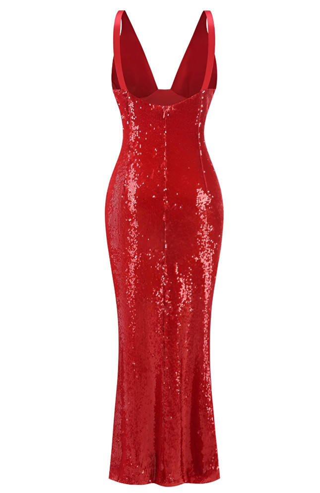 Silk Bustier Sequin Maxi Dress Red