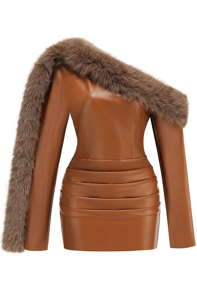 Long Sleeve Fur Detail Faux Leather Dress Brown