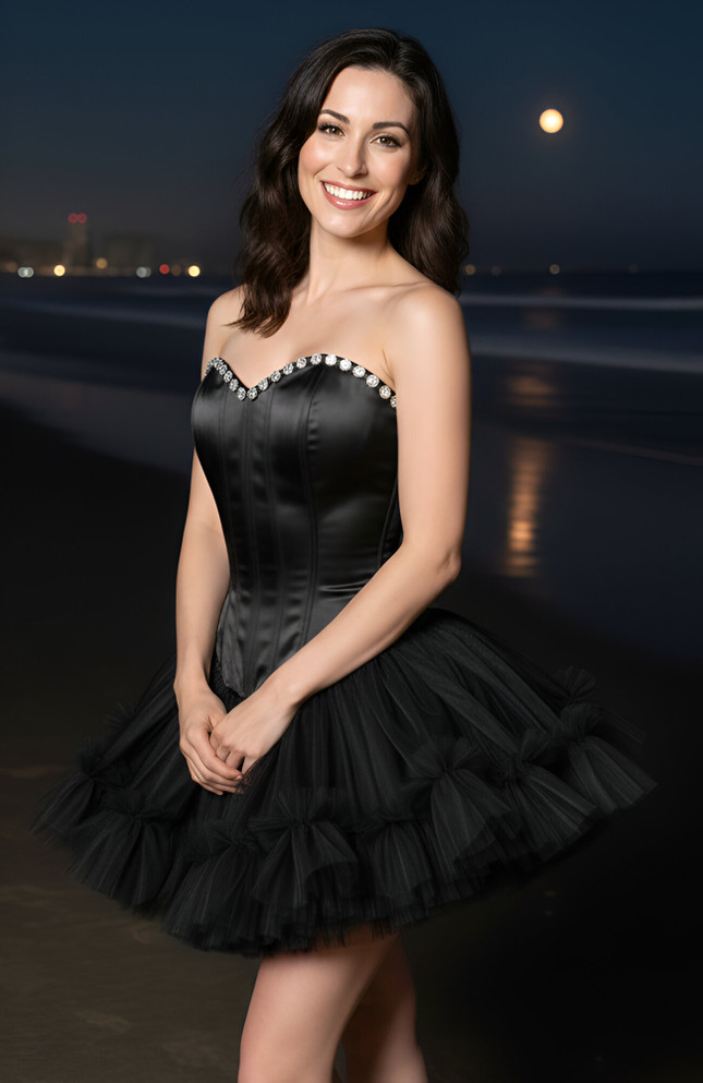 Strapless Crystal Mesh A Line Dress Black