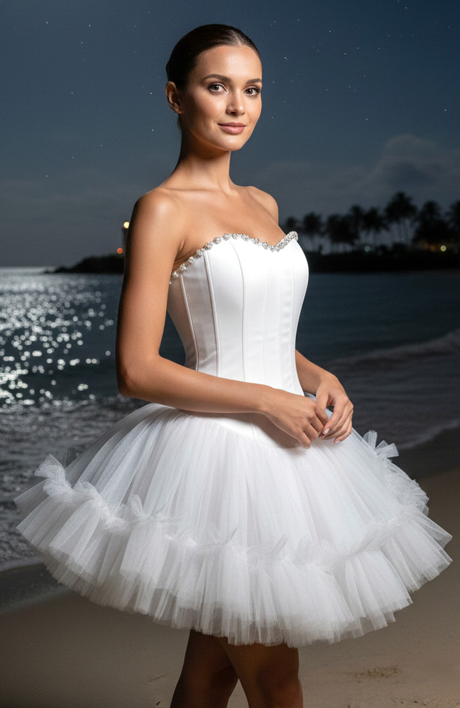 Strapless Crystal Mesh A Line Dress White