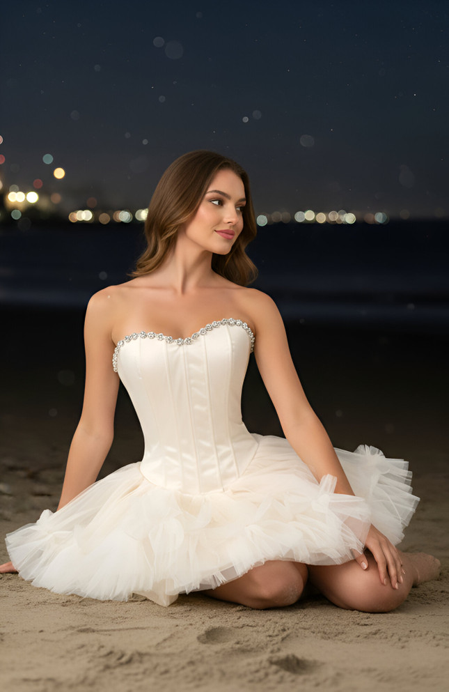 Strapless Crystal Mesh A Line Dress Ivory