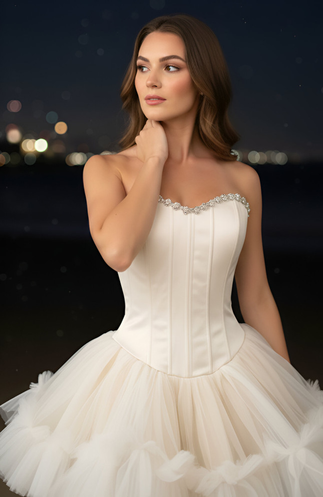 Strapless Crystal Mesh A Line Dress Ivory