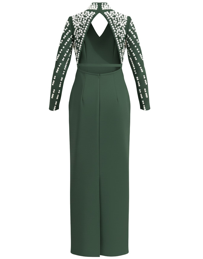 Long Sleeve Pearl Backless Maxi Dress Green
