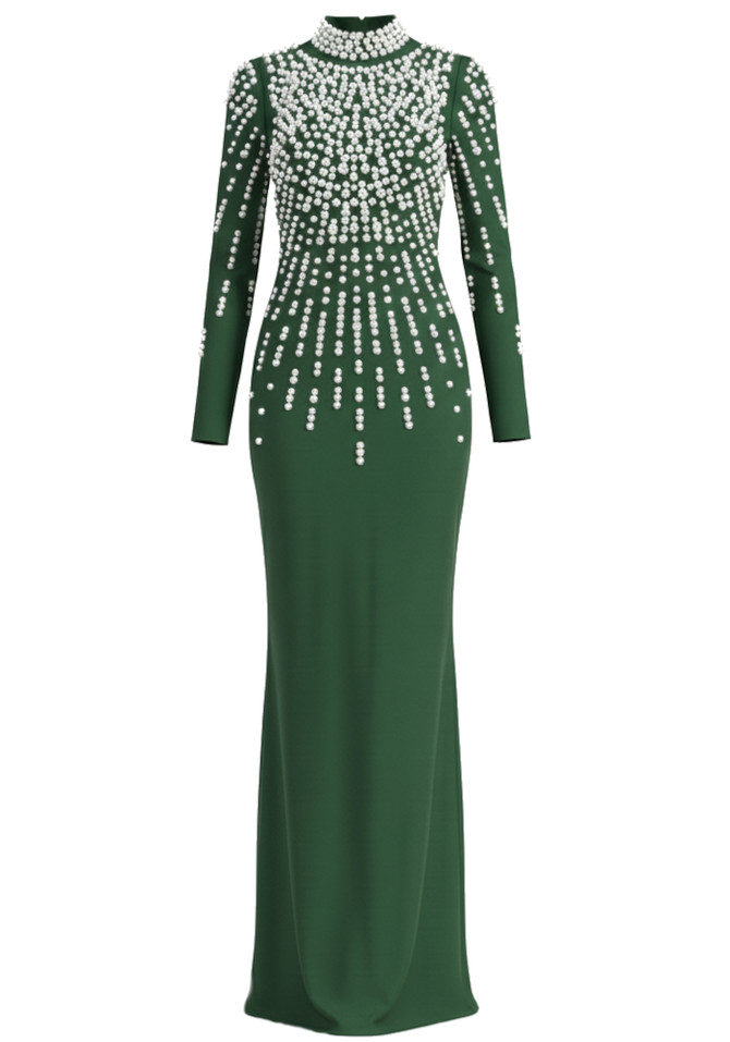 Long Sleeve Pearl Backless Maxi Dress Green
