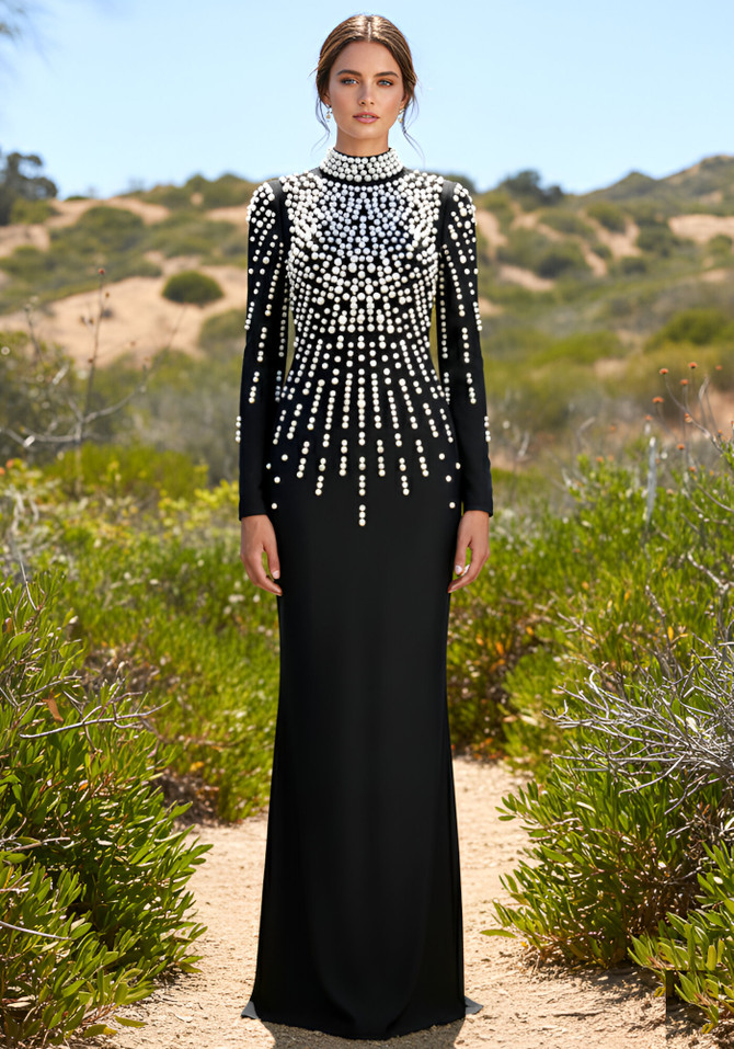 Long Sleeve Pearl Backless Maxi Dress Black