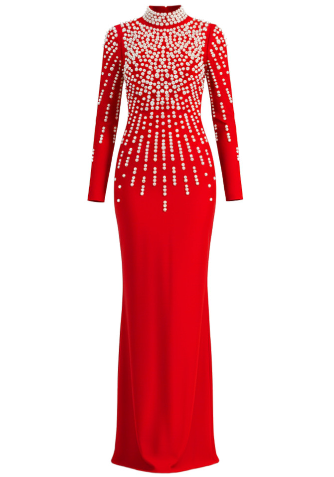 Long Sleeve Pearl Backless Maxi Dress Red