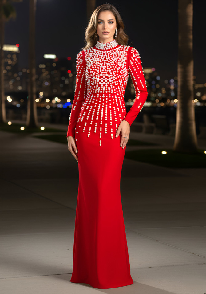 Long Sleeve Pearl Backless Maxi Dress Red