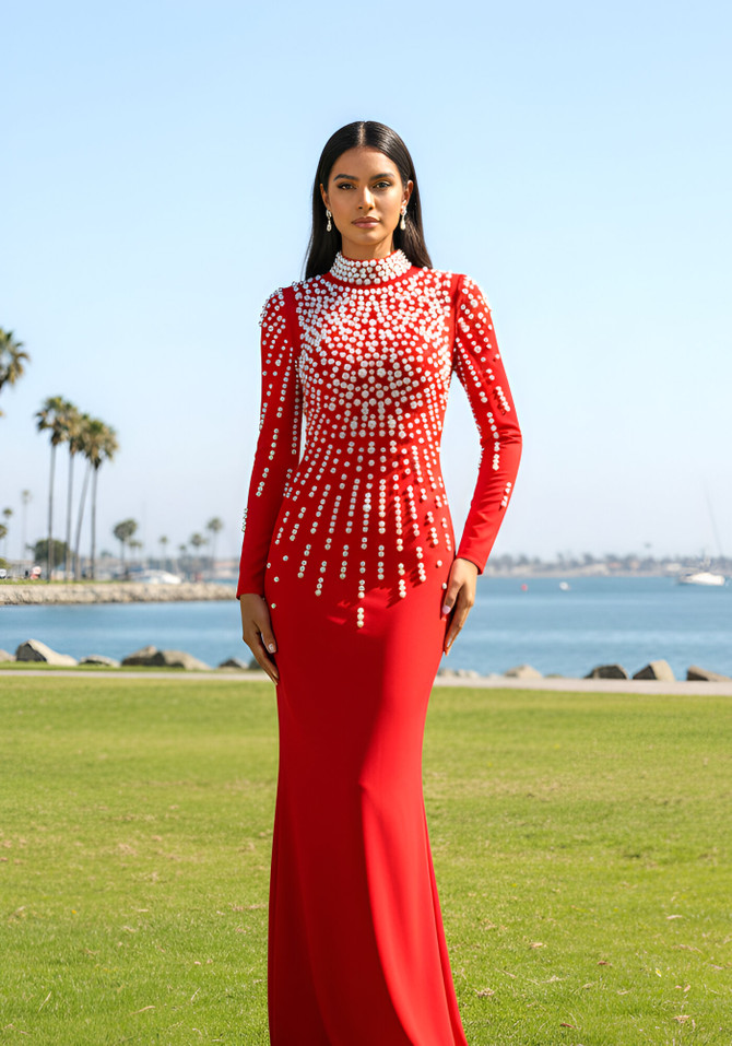 Long Sleeve Pearl Backless Maxi Dress Red