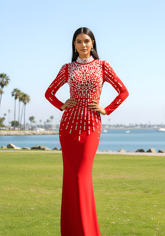 Long Sleeve Pearl Backless Maxi Dress Red