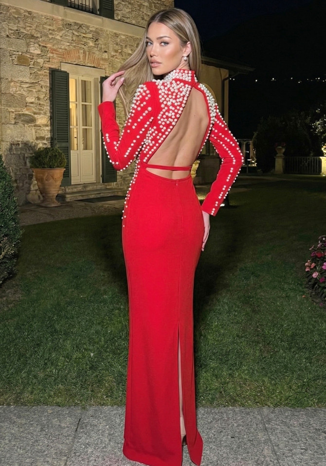 Long Sleeve Pearl Backless Maxi Dress Red