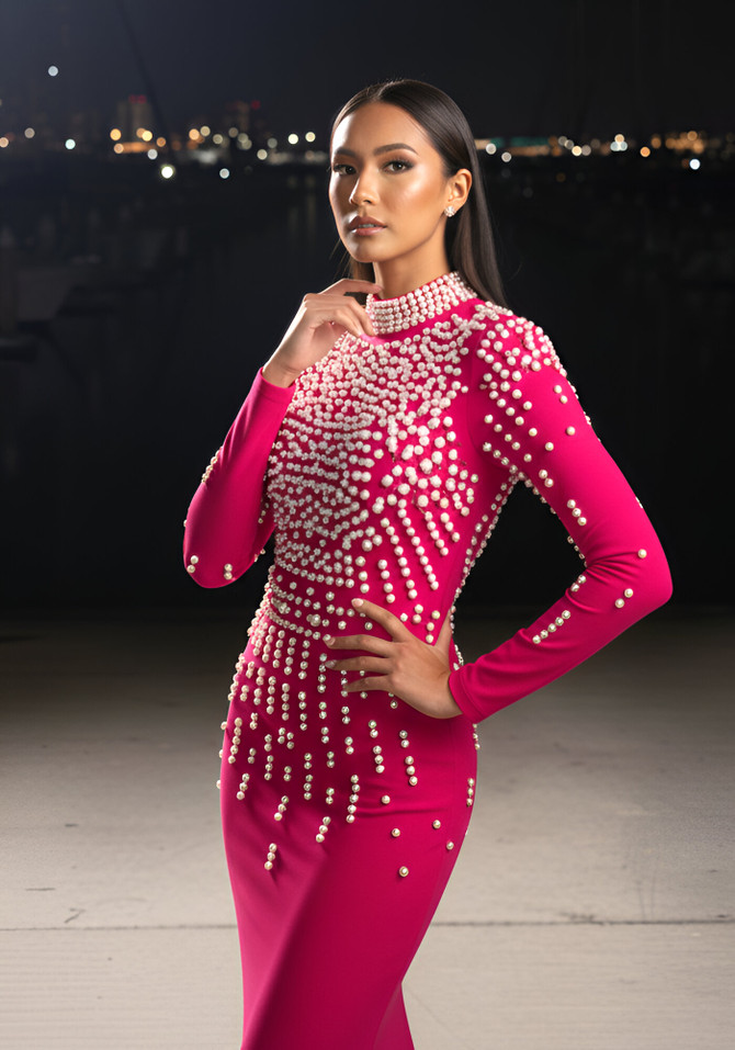 Long Sleeve Pearl Backless Maxi Dress Hot Pink