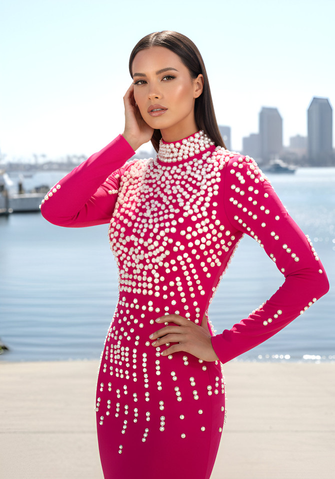 Long Sleeve Pearl Backless Maxi Dress Hot Pink