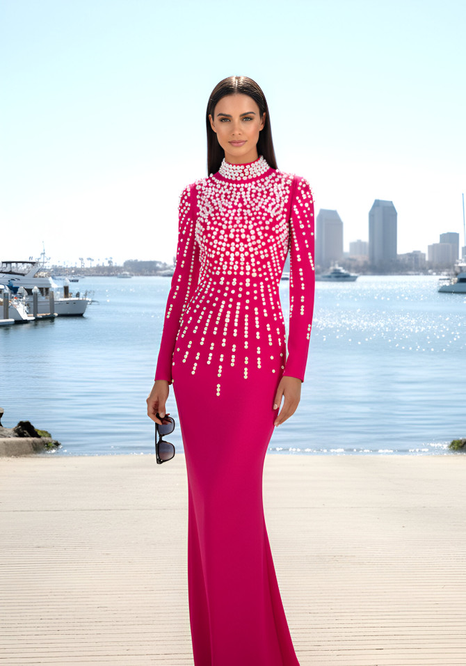Long Sleeve Pearl Backless Maxi Dress Hot Pink