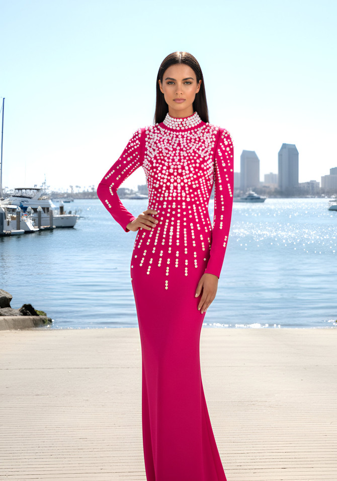 Long Sleeve Pearl Backless Maxi Dress Hot Pink