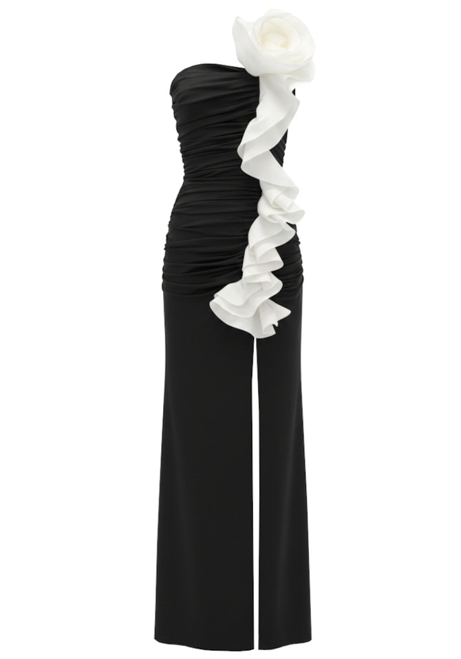One Shoulder Floral Ruffle Maxi Dress Black White