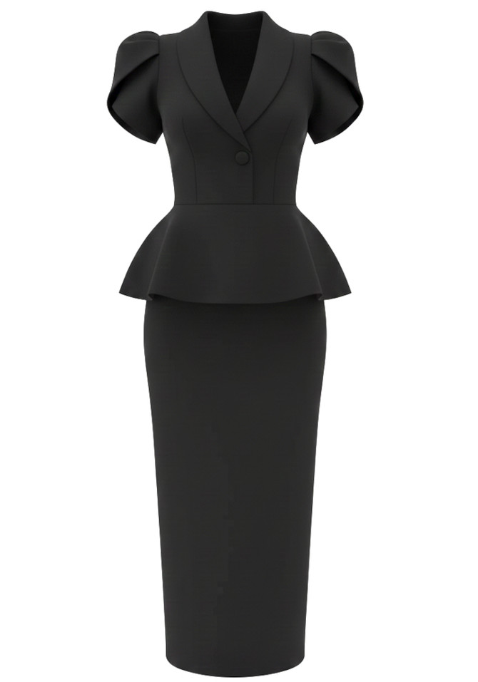 Short Sleeve Peplum Midi Dress Black