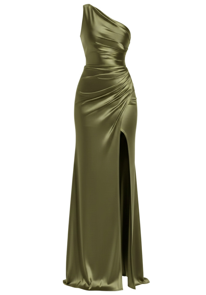 One Shoulder Draped Maxi Dress Green