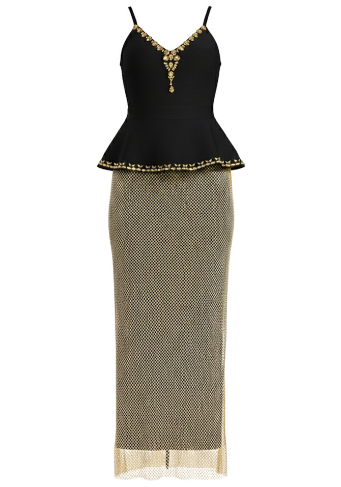 Crystal Peplum Maxi Dress Black Gold