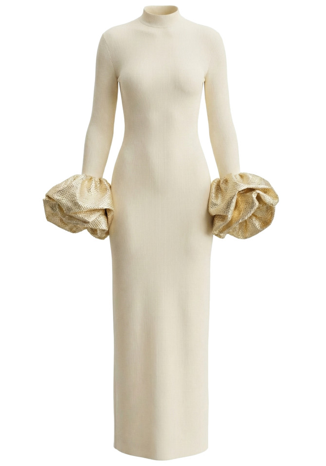 Crystal Bubble Long Sleeve Maxi Dress Ivory