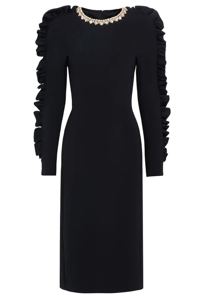 Ruffle Long Sleeve Midi Dress Black