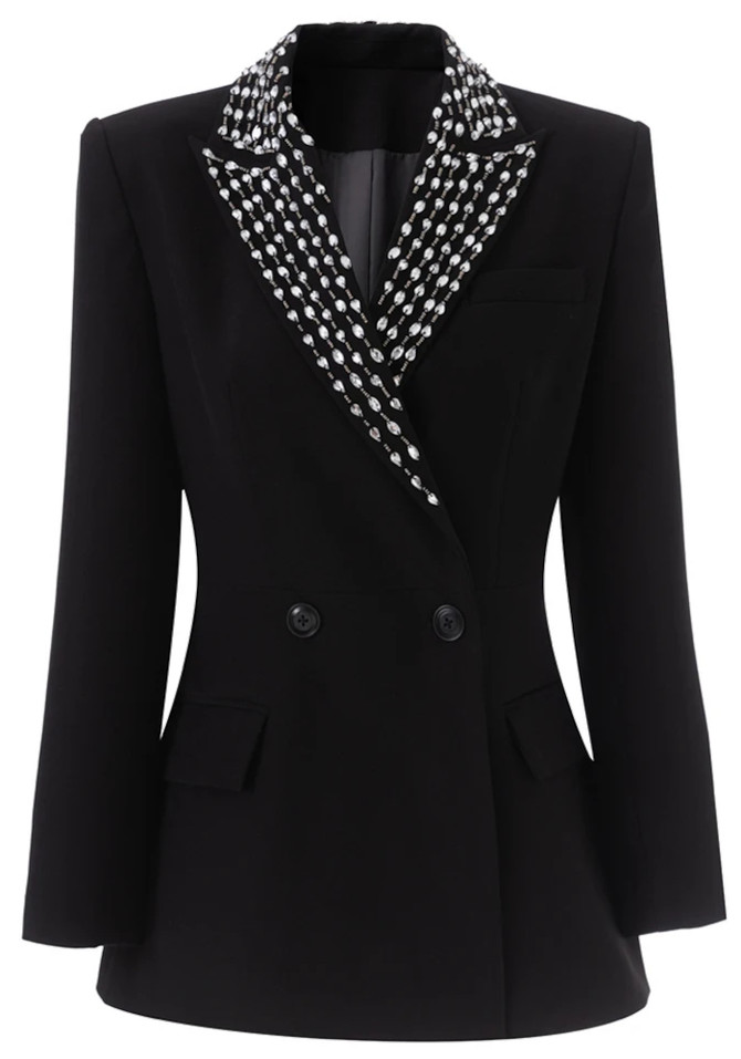 Long Sleeve Crystal Lapel Blazer Black