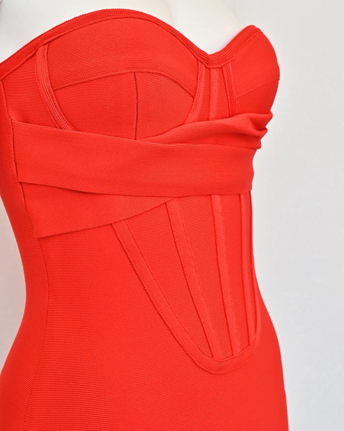 Strapless Bustier Midi Dress Red