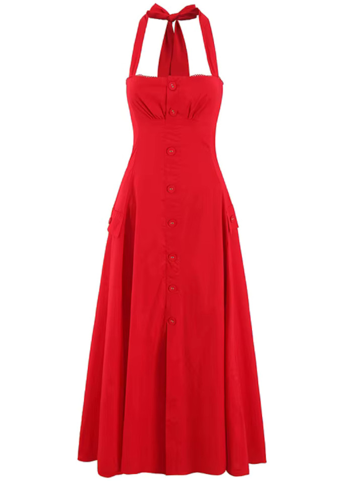 Halter Button A Line Midi Dress Red
