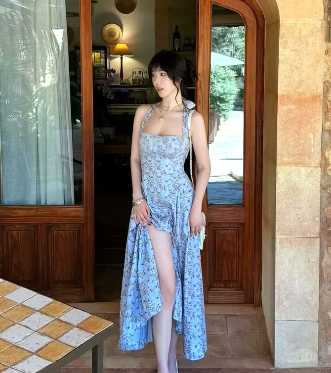 Halter Button A Line Midi Dress Floral Blue