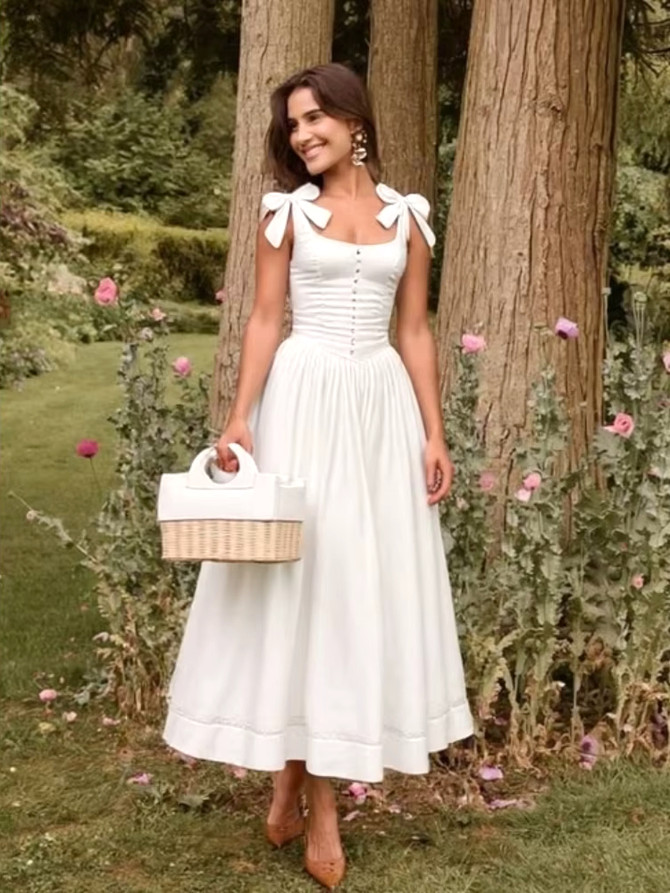 Button Detail A Line Midi Dress White