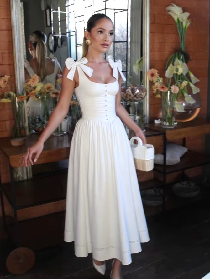 Button Detail A Line Midi Dress White