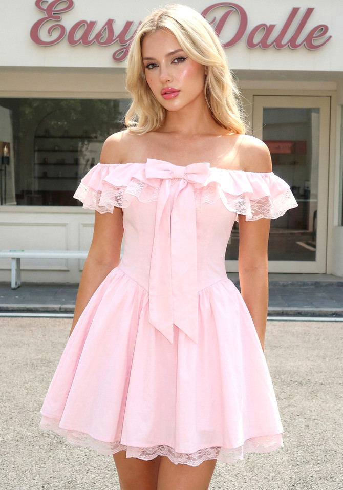 Bardot Bow Lace A Line Dress Pink