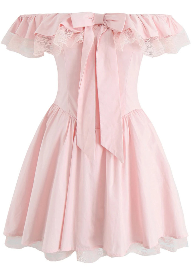 Bardot Bow Detail Lace A Line Dress Pink