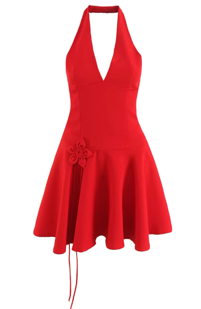 Halter Floral Detail A Line Dress Red