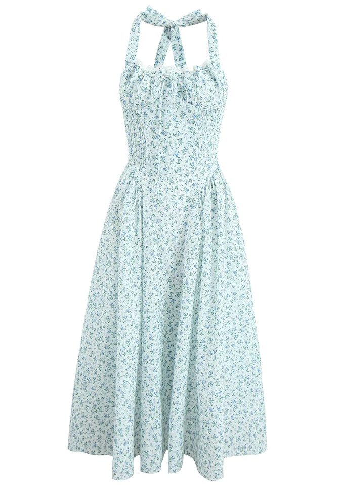 Halter Bustier A Line Midi Dress Floral Blue