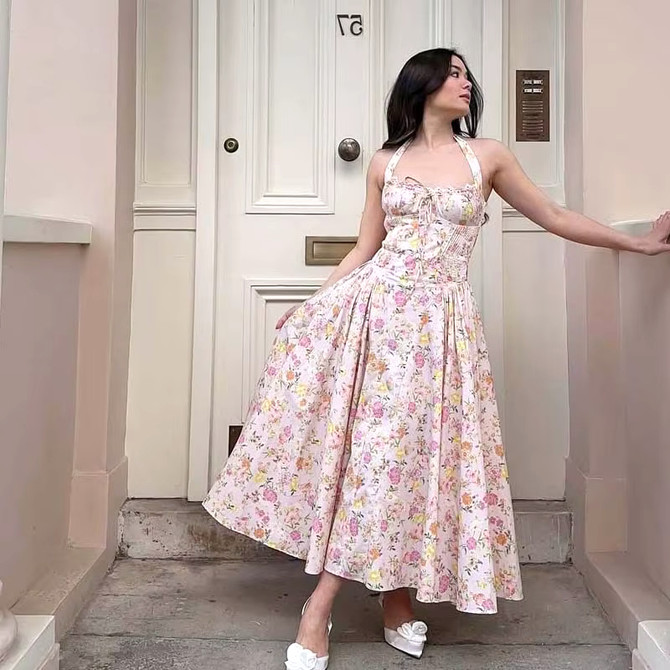 Halter Bustier A Line Midi Dress Floral Pink