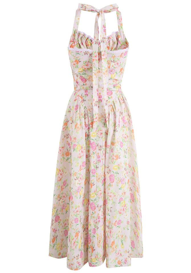 Halter Bustier A Line Midi Dress Floral Pink