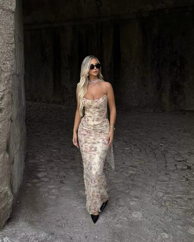 Strapless Floral Two Piece Maxi Dress Apricot