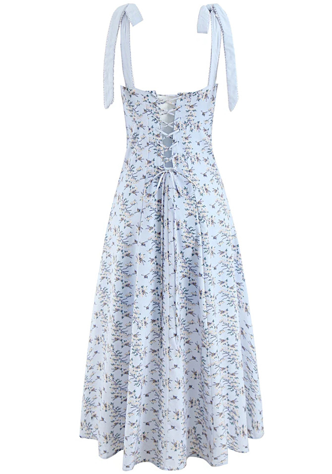 Floral A Line Corset Midi Dress Blue