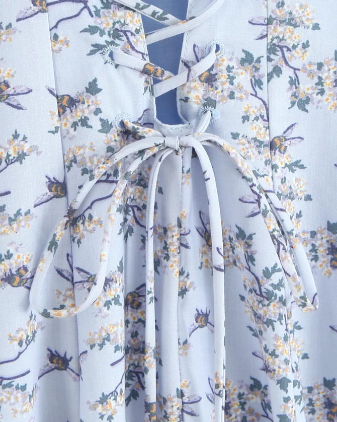 Floral A Line Corset Midi Dress Blue