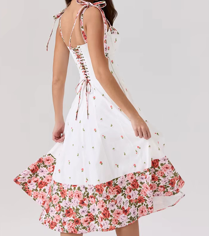 Floral Bustier Corset Skater Midi Dress White