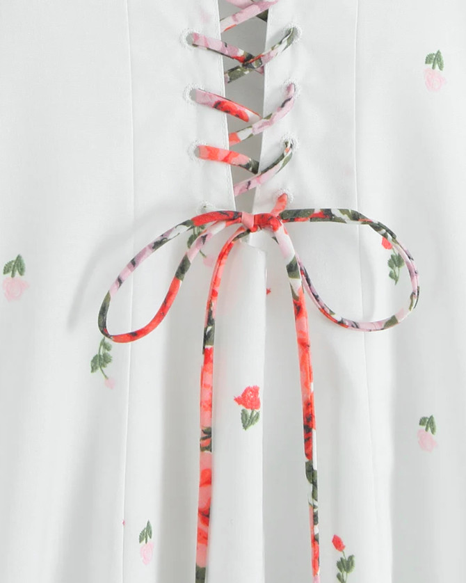 Floral Bustier Corset A Line Midi Dress White
