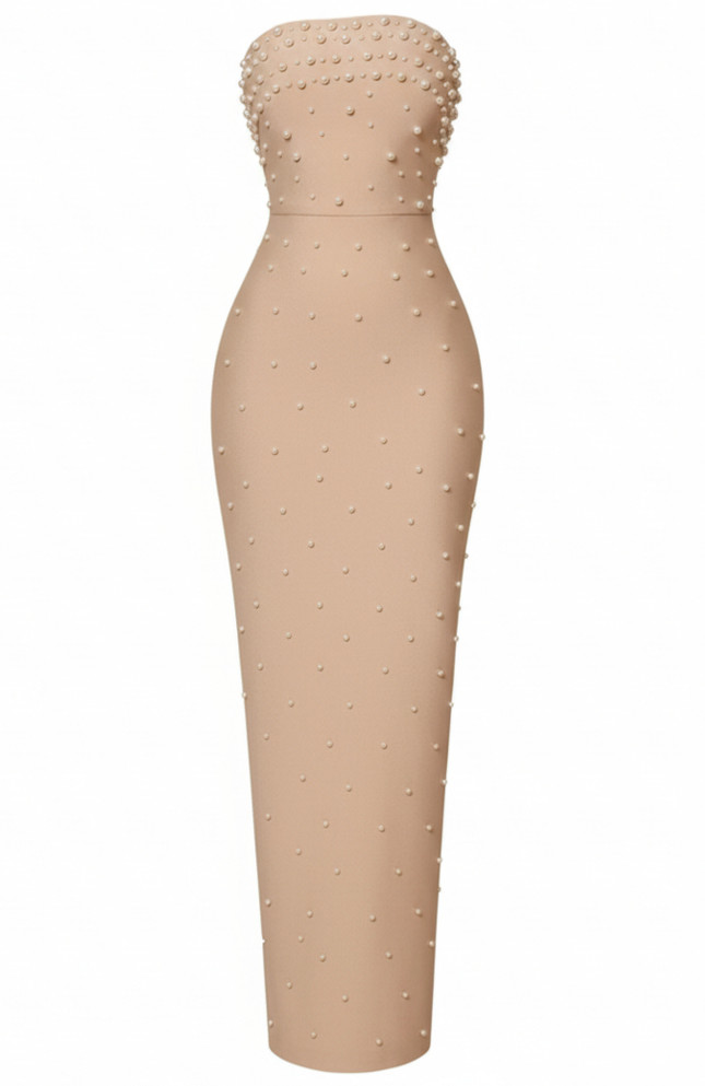 Strapless Pearl Maxi Dress Nude