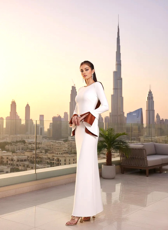 Long Sleeve Maxi Dress White Brown